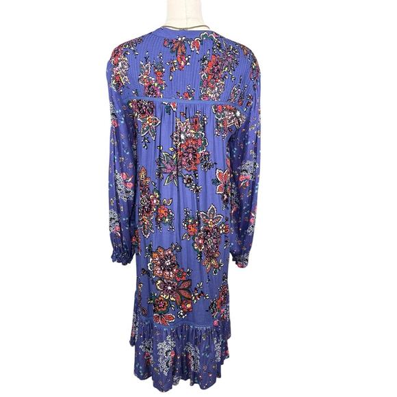 Anthropologie Diana Pintucked Boho Floral Ruffle Hem Dress | Blue | Small - Picture 3 of 11